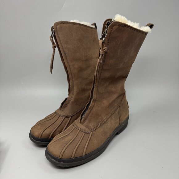 UGG Arquette Brown Leather Winter Boots Womens Size 7 Zip Sheepskin Cuff - Picture 3 of 8